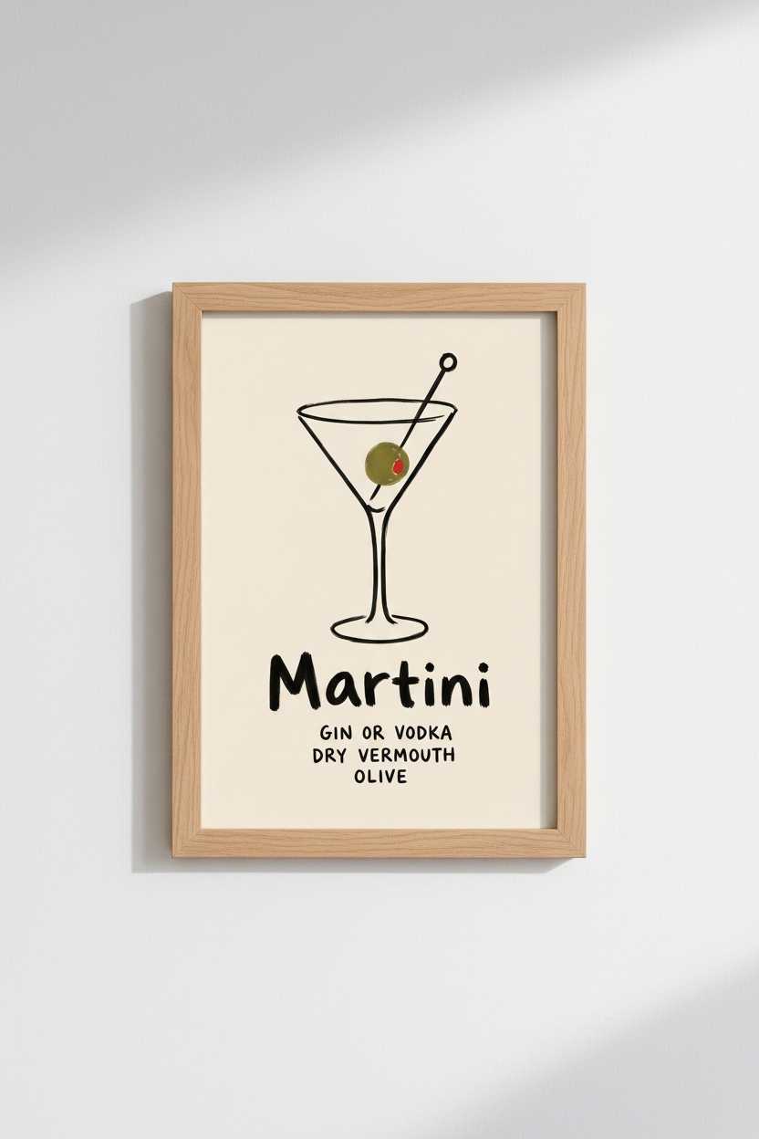 Minimalist Martini Wall Art Print | Kitchen Decor | Black &amp; White Poster