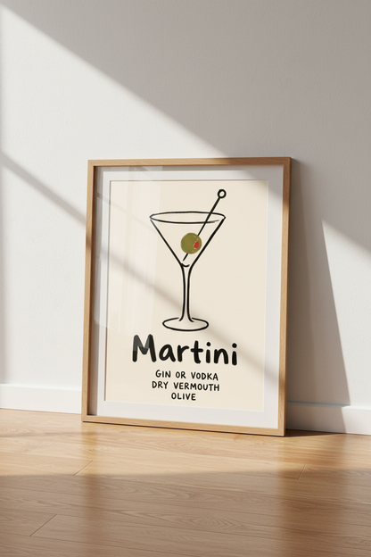 Minimalist Martini Wall Art Print | Kitchen Decor | Black &amp; White Poster