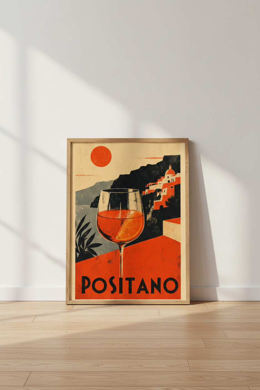 Positano Aperol Spritz Travel Poster | Retro Italy Wall Art, Kitchen Bar Decor
