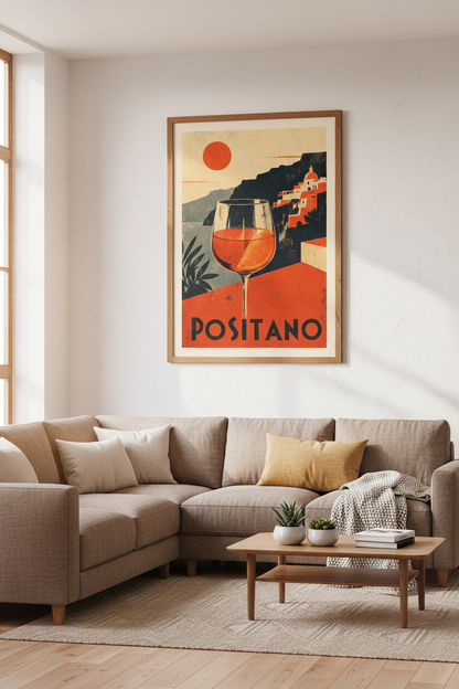 Positano Aperol Spritz Travel Poster | Retro Italy Wall Art, Kitchen Bar Decor