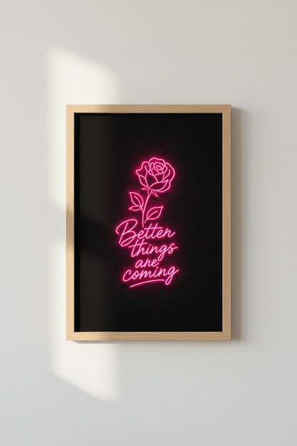 Pink Neon Wall Art Print | Rose Flower Poster, Motivational Quote Bedroom Decor