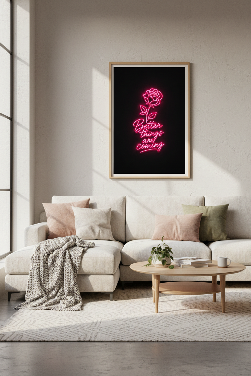 Pink Neon Wall Art Print | Rose Flower Poster, Motivational Quote Bedroom Decor