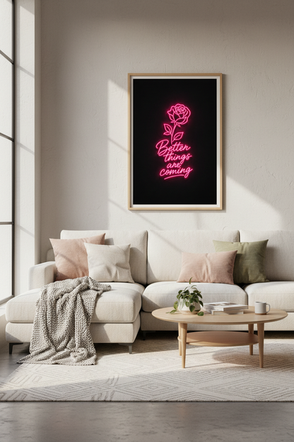 Pink Neon Wall Art Print | Rose Flower Poster, Motivational Quote Bedroom Decor