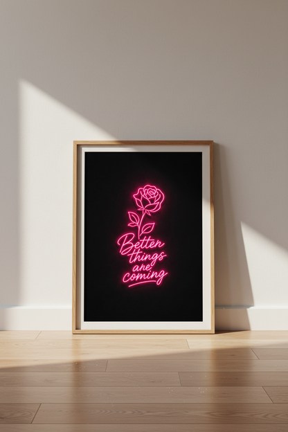 Pink Neon Wall Art Print | Rose Flower Poster, Motivational Quote Bedroom Decor