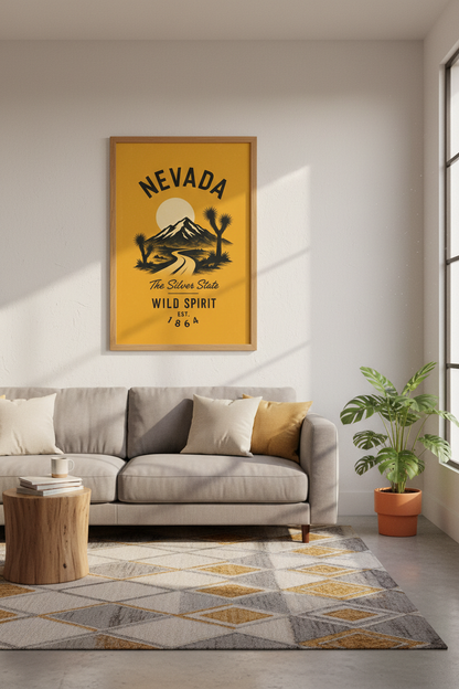 Nevada State Wild Spirit Wall Art | Retro Desert Landscape, Mustard Yellow Poster