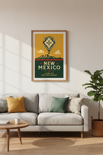 New Mexico Travel Poster | Zia Hot Air Balloon Wall Art, Southwestern Decor