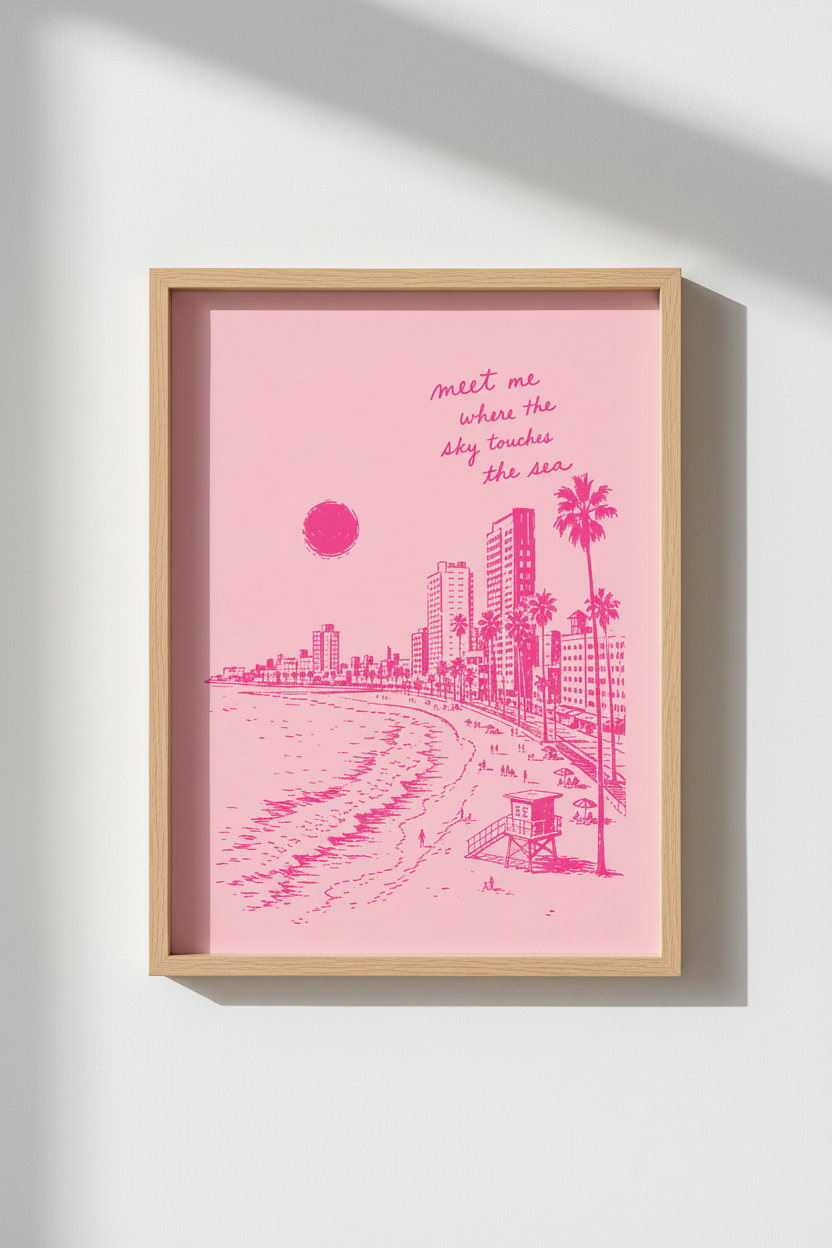Preppy Pink Beach Poster | Aesthetic Coastal Wall Art, Travel Quote Print