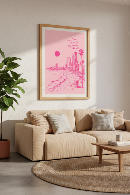 Preppy Pink Beach Poster | Aesthetic Coastal Wall Art, Travel Quote Print