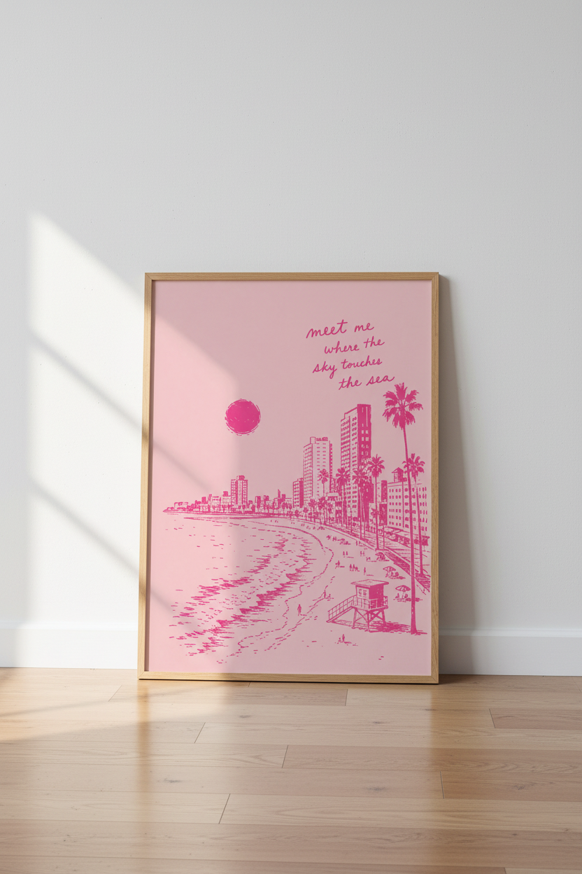 Preppy Pink Beach Poster | Aesthetic Coastal Wall Art, Travel Quote Print