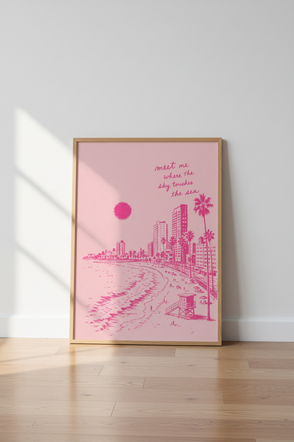 Preppy Pink Beach Poster | Aesthetic Coastal Wall Art, Travel Quote Print