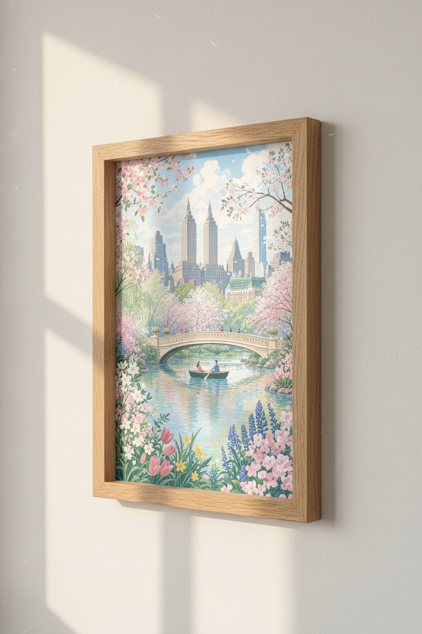 Central Park Bow Bridge | Pink Cherry Blossom NYC Skyline, Living Room Wall Art