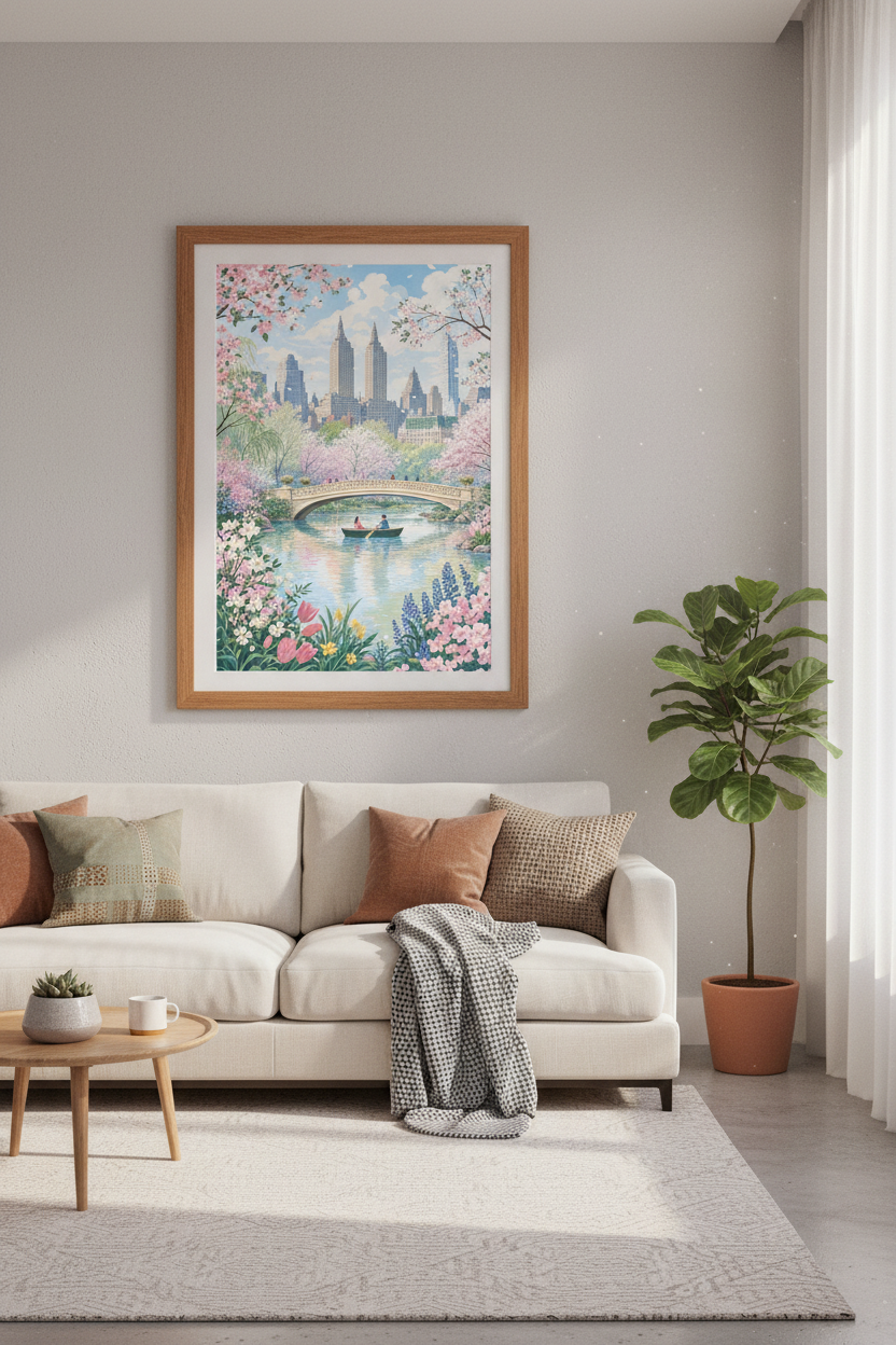 Central Park Bow Bridge | Pink Cherry Blossom NYC Skyline, Living Room Wall Art