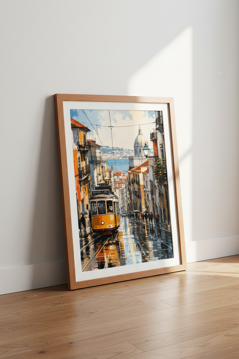 Lisbon Tram 28 Wall Art Print | Portuguese Cityscape | Yellow &amp; Orange Poster