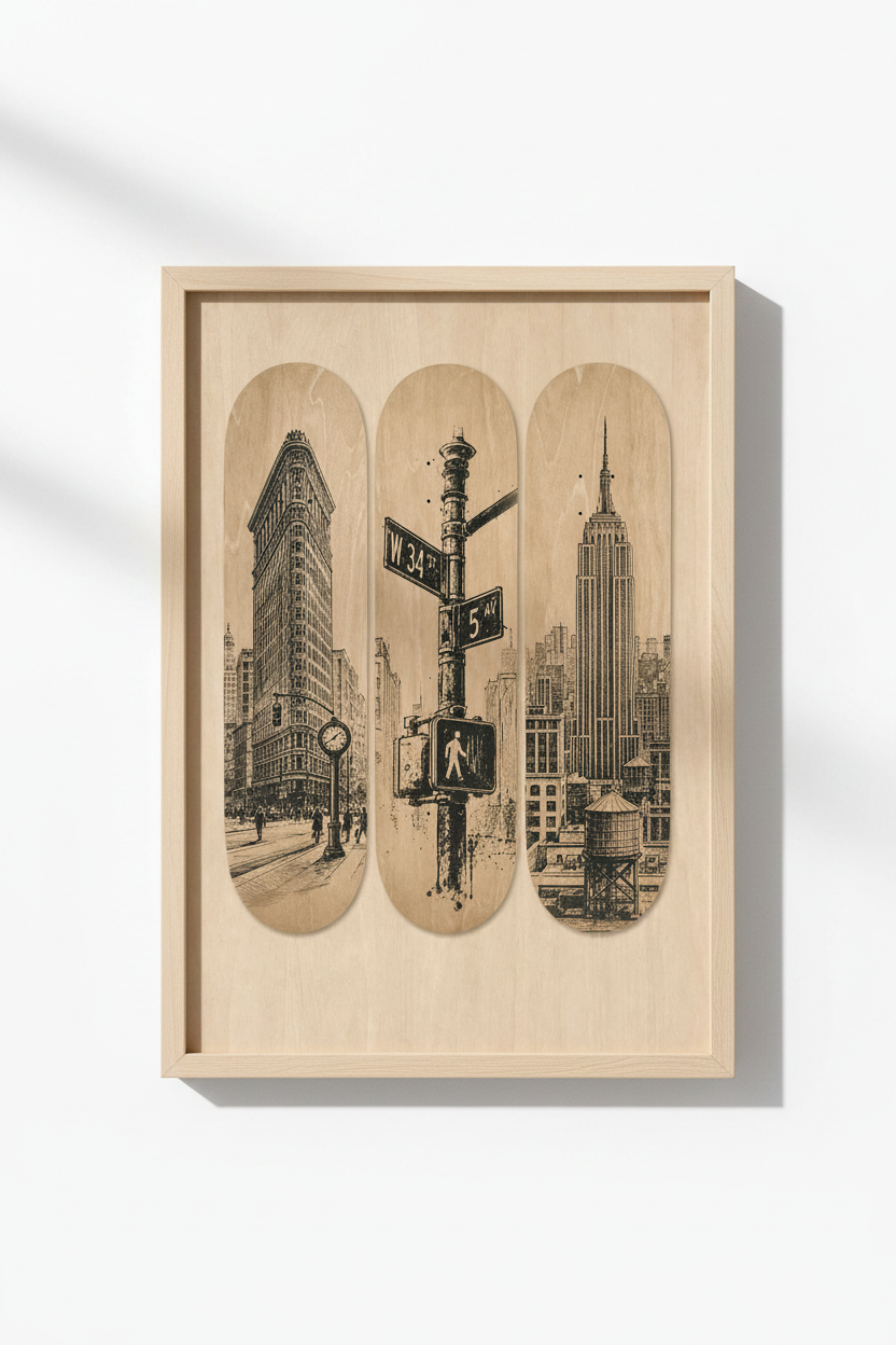 Skateboard Deck Wall Art | NYC Architecture Sketch, Urban Street Style Poster