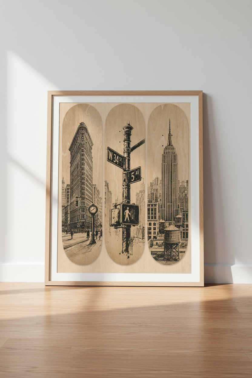 Skateboard Deck Wall Art | NYC Architecture Sketch, Urban Street Style Poster