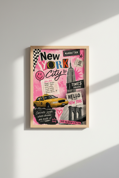 Pink New York City Poster | Preppy NYC Collage Wall Art, Aesthetic Dorm Decor