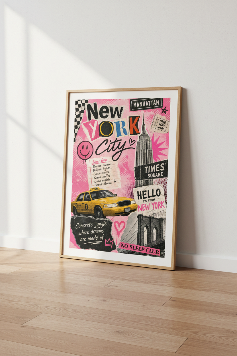 Pink New York City Poster | Preppy NYC Collage Wall Art, Aesthetic Dorm Decor