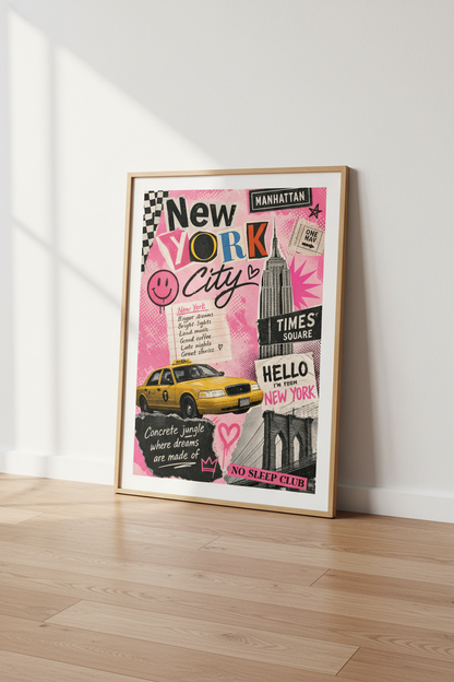 Pink New York City Poster | Preppy NYC Collage Wall Art, Aesthetic Dorm Decor