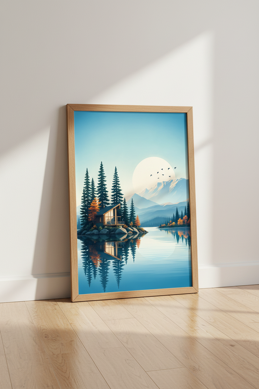 Modern Lake House Landscape Art | Blue Mountain Forest Poster, Minimalist Wall Decor