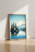 Modern Lake House Landscape Art | Blue Mountain Forest Poster, Minimalist Wall Decor