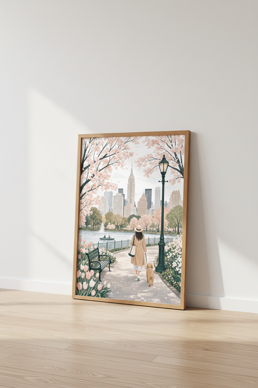 Central Park Spring Wall Art | New York City Poster, Floral Girl with Dog Decor