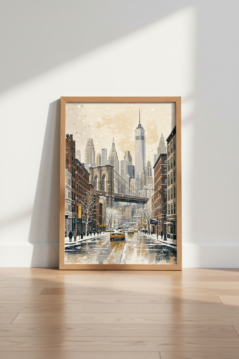 NYC Brooklyn Bridge Wall Art | Winter Cityscape Poster | Urban DUMBO Decor