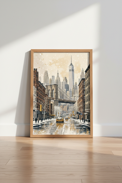 NYC Brooklyn Bridge Wall Art | Winter Cityscape Poster | Urban DUMBO Decor