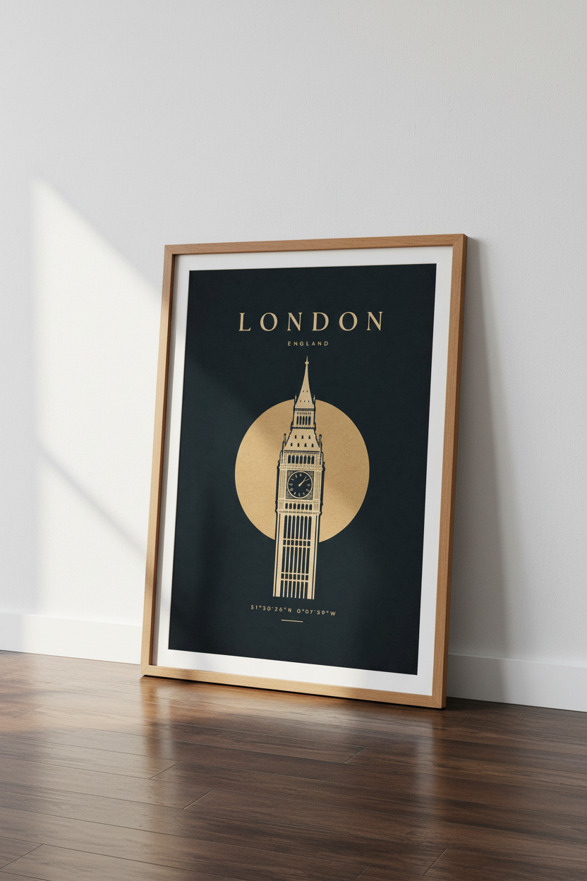 London Big Ben Wall Art Print | Navy Gold Travel Decor | Minimalist Poster