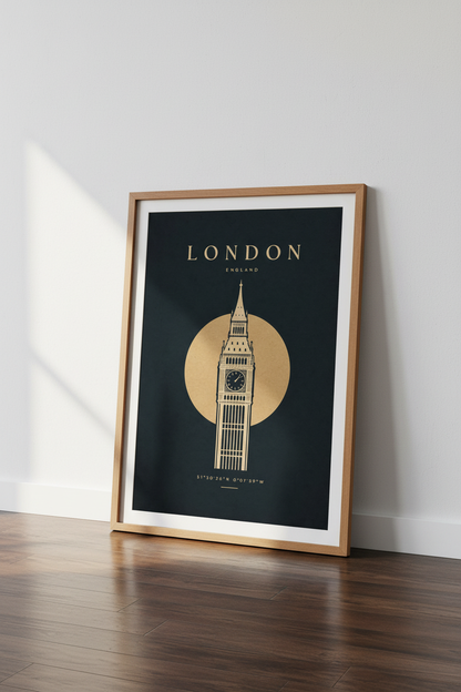 London Big Ben Wall Art Print | Navy Gold Travel Decor | Minimalist Poster