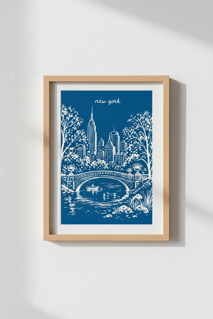New York City Poster | Blue and White Central Park Skyline, Modern Travel Decor
