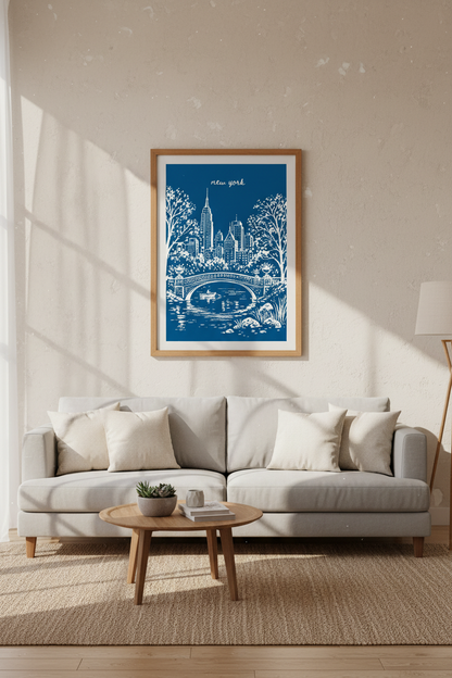 New York City Poster | Blue and White Central Park Skyline, Modern Travel Decor