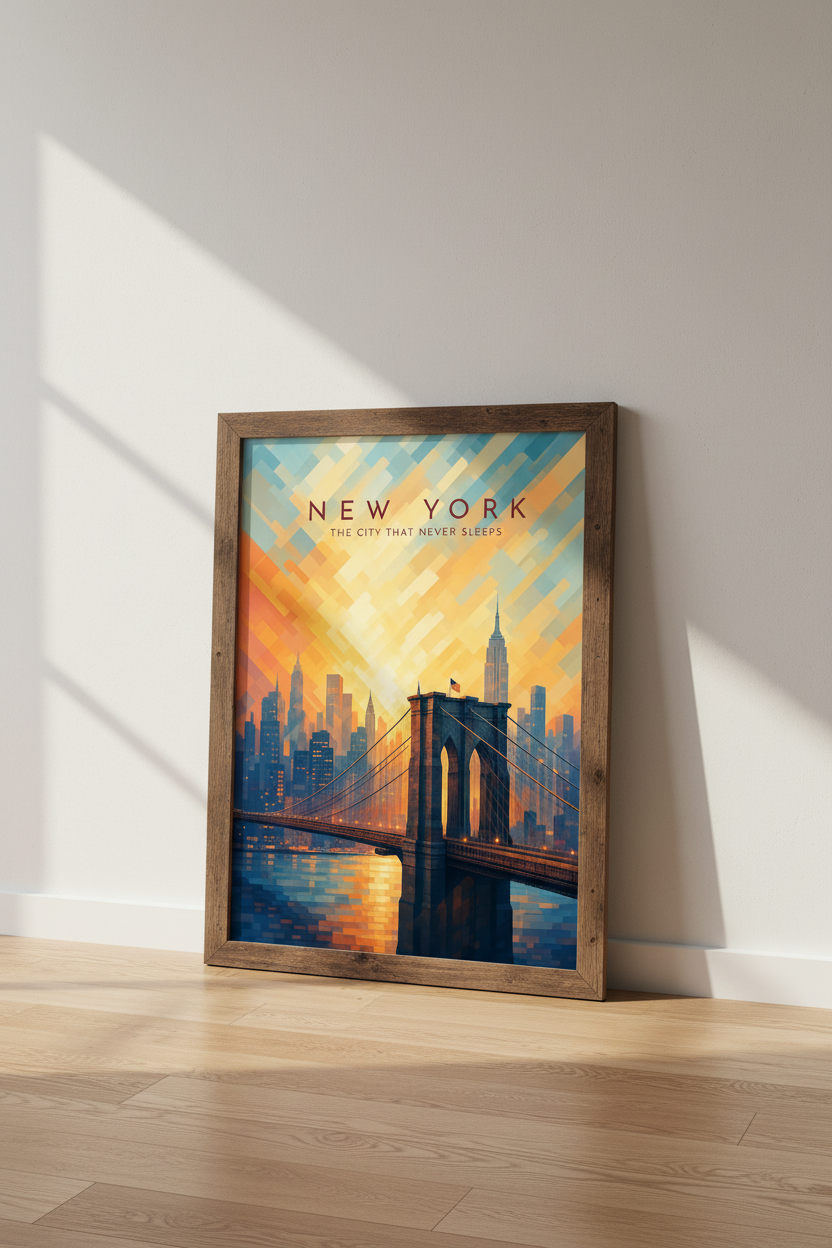 New York City Skyline Wall Art | Brooklyn Bridge Sunset Poster, Modern NYC Decor