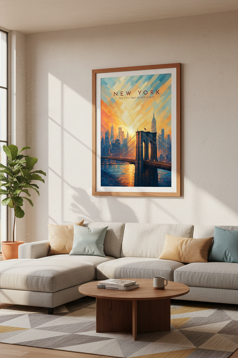 New York City Skyline Wall Art | Brooklyn Bridge Sunset Poster, Modern NYC Decor