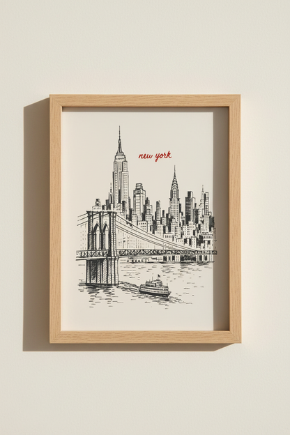 New York Sketch Print | NYC Skyline Poster, Vintage Brooklyn Bridge Wall Art
