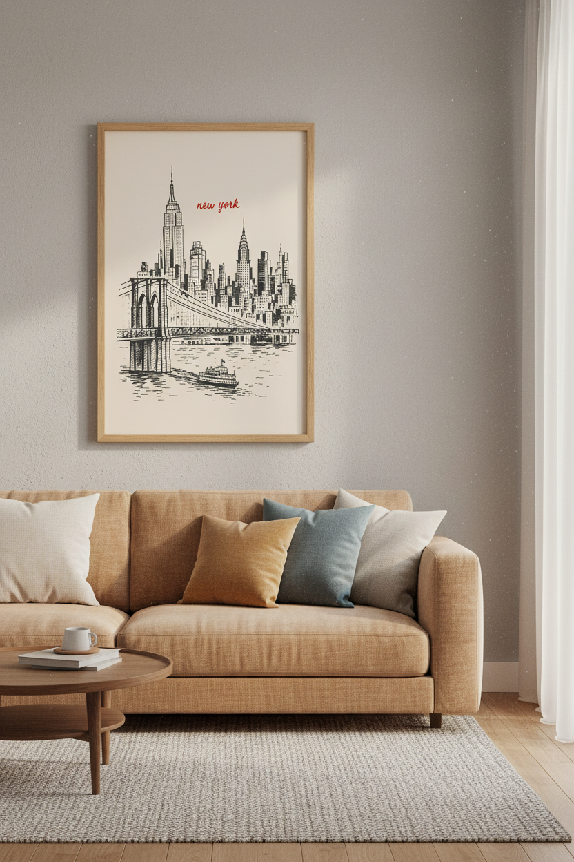 New York Sketch Print | NYC Skyline Poster, Vintage Brooklyn Bridge Wall Art