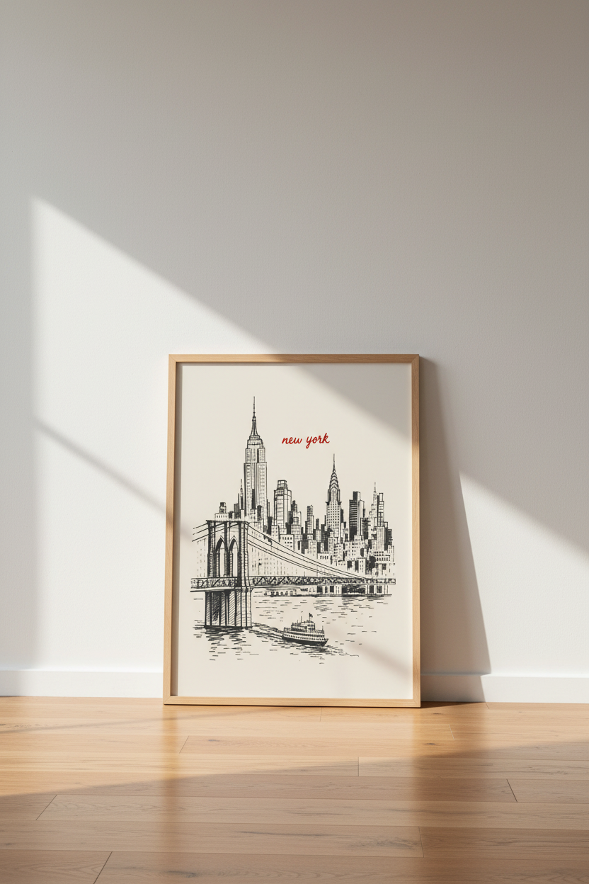 New York Sketch Print | NYC Skyline Poster, Vintage Brooklyn Bridge Wall Art