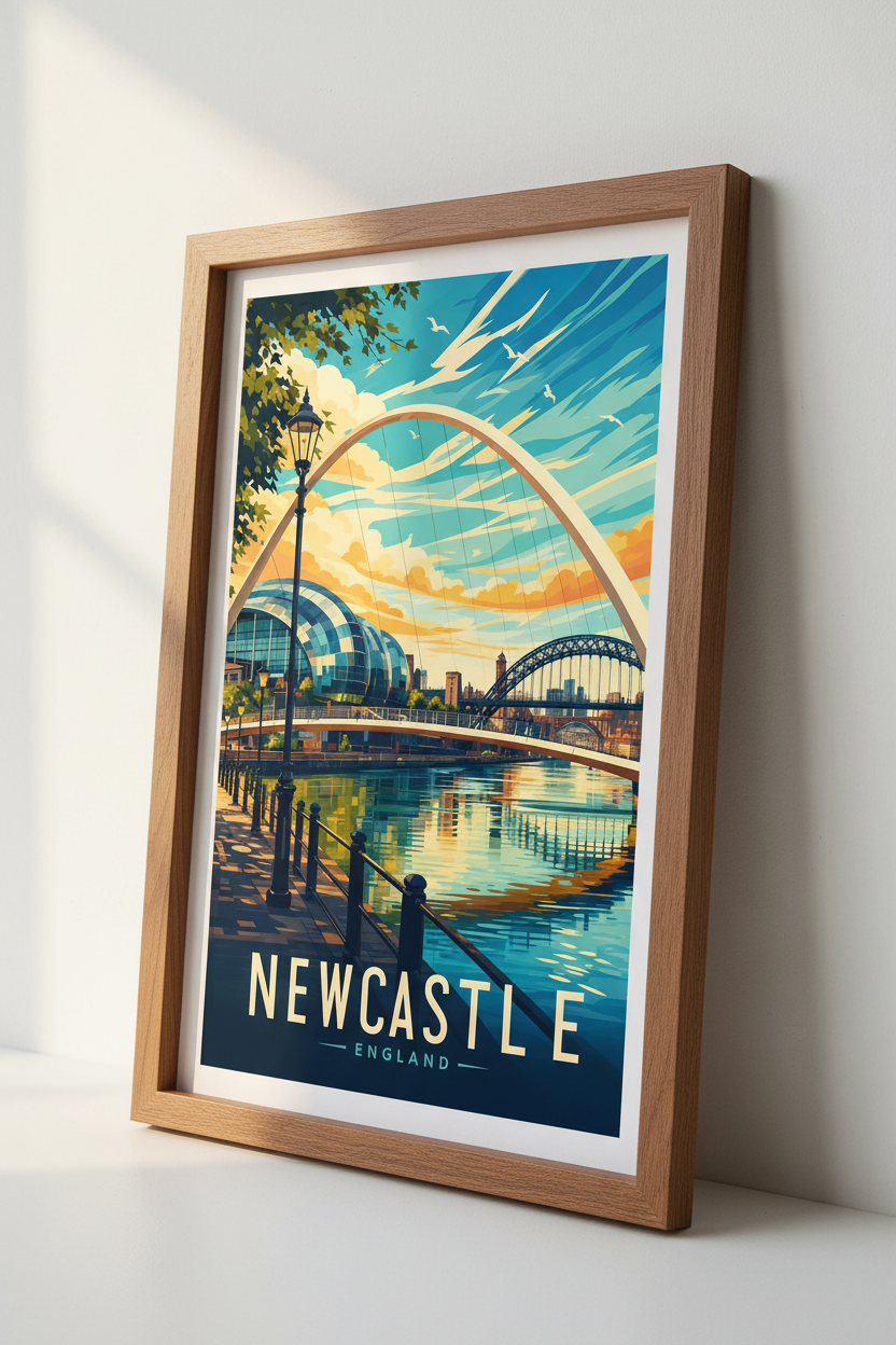 Newcastle England Travel Poster | Colorful Quayside Wall Art, Modern City Print