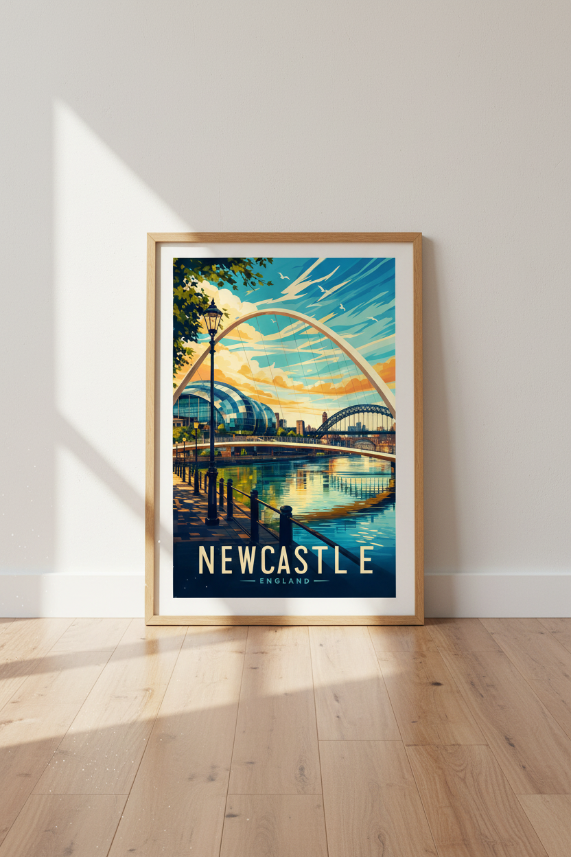Newcastle England Travel Poster | Colorful Quayside Wall Art, Modern City Print