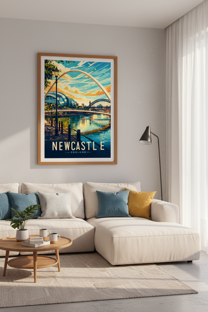 Newcastle England Travel Poster | Colorful Quayside Wall Art, Modern City Print