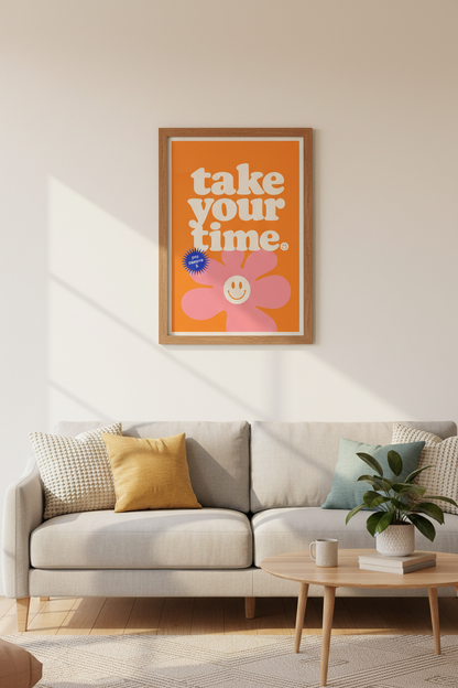 Retro Take Your Time Quote Wall Art | Funky Orange Poster, Playful Dorm Decor
