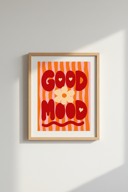 Good Mood Retro Wall Art | Pink Orange Flower Decor | Groovy Poster