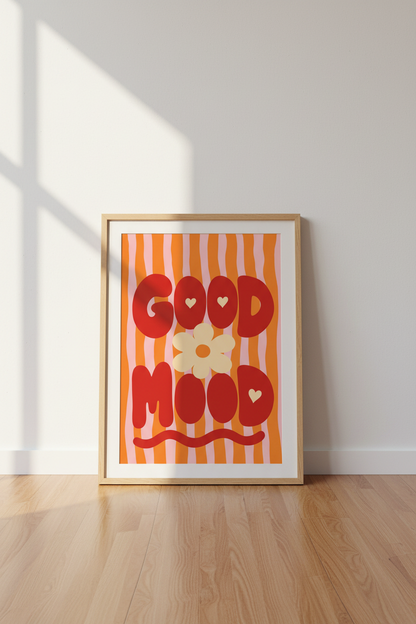 Good Mood Retro Wall Art | Pink Orange Flower Decor | Groovy Poster