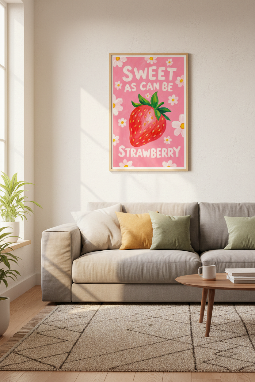 Strawberry Wall Art Print | Pink Kitchen Decor | Cute Fruit Poster