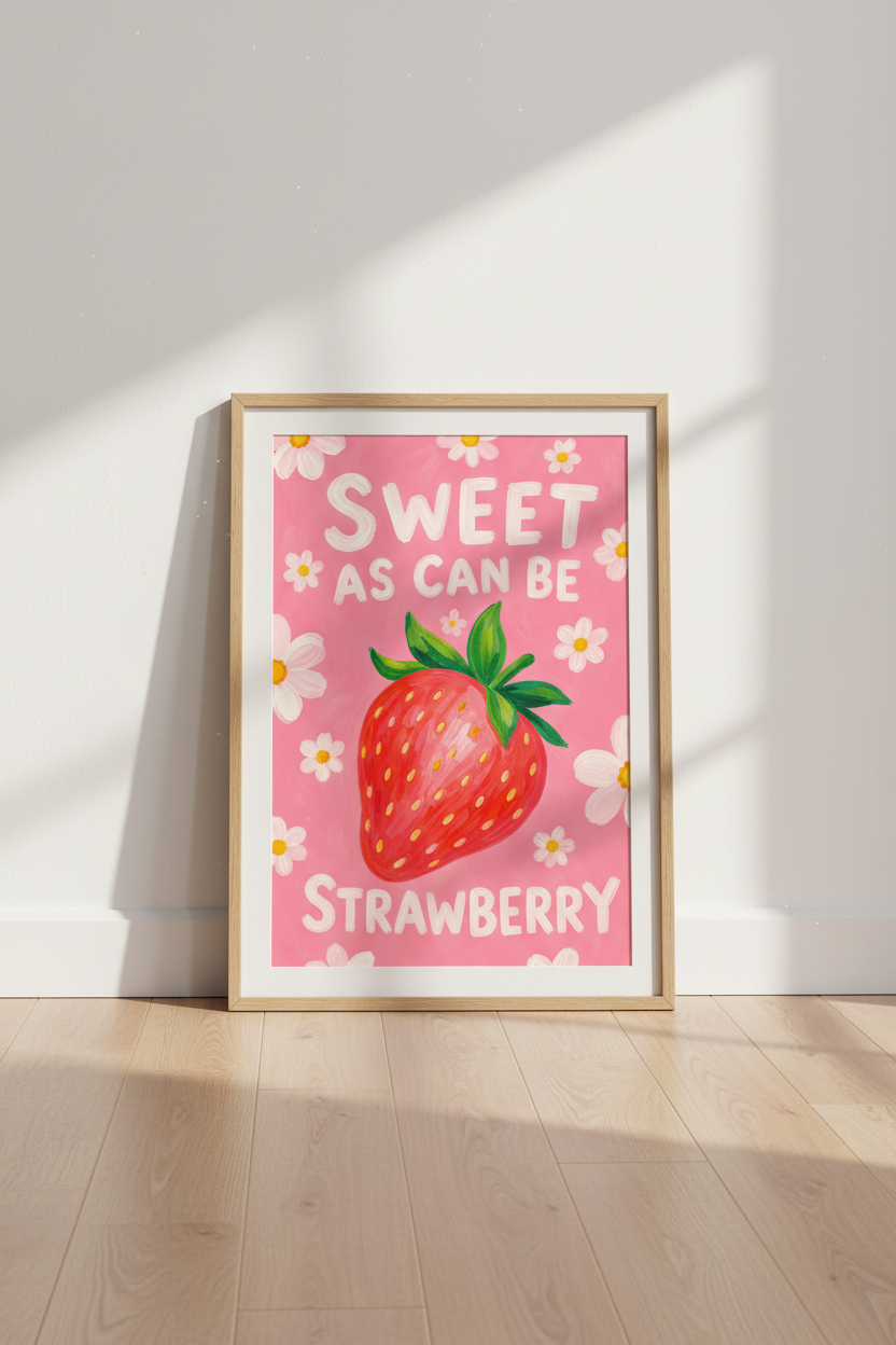 Strawberry Wall Art Print | Pink Kitchen Decor | Cute Fruit Poster