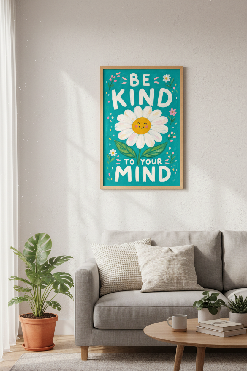 Kind Mind Wall Art Print | Colorful Floral Poster, Mental Health Decor