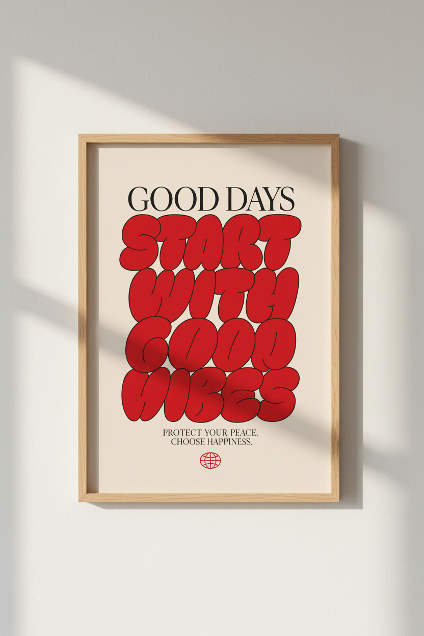 Good Vibes Quote Wall Art Print | Bedroom Decor | Retro Red Typography Poster