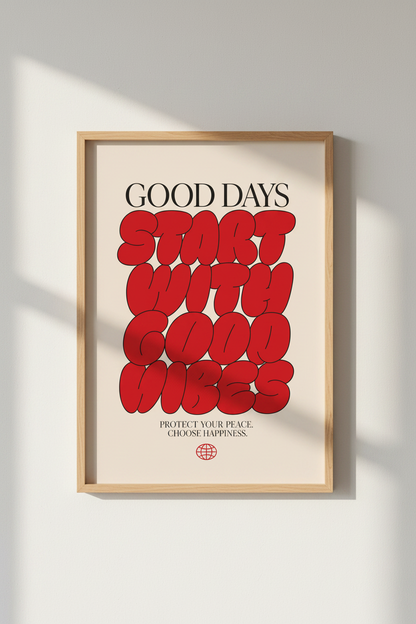 Good Vibes Quote Wall Art Print | Bedroom Decor | Retro Red Typography Poster
