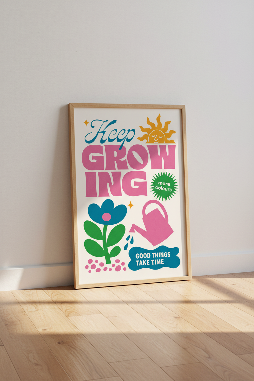 Keep Growing Wall Art | Retro Pink &amp; Blue Motivational Print | Dorm &amp; Office Decor