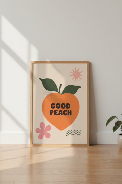 Good Peach Retro Fruit Wall Art | Vibrant Mid Century Print, Kitchen &amp; Dorm Decor