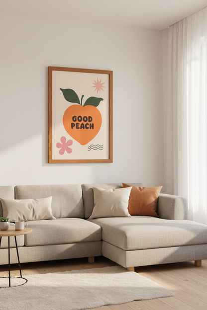 Good Peach Retro Fruit Wall Art | Vibrant Mid Century Print, Kitchen &amp; Dorm Decor